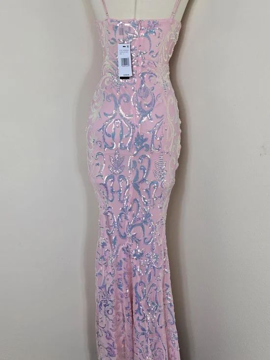 Lulus Strapless Pink Gown with Iridescent Blue Sequin Motif - Picture 2 of 3